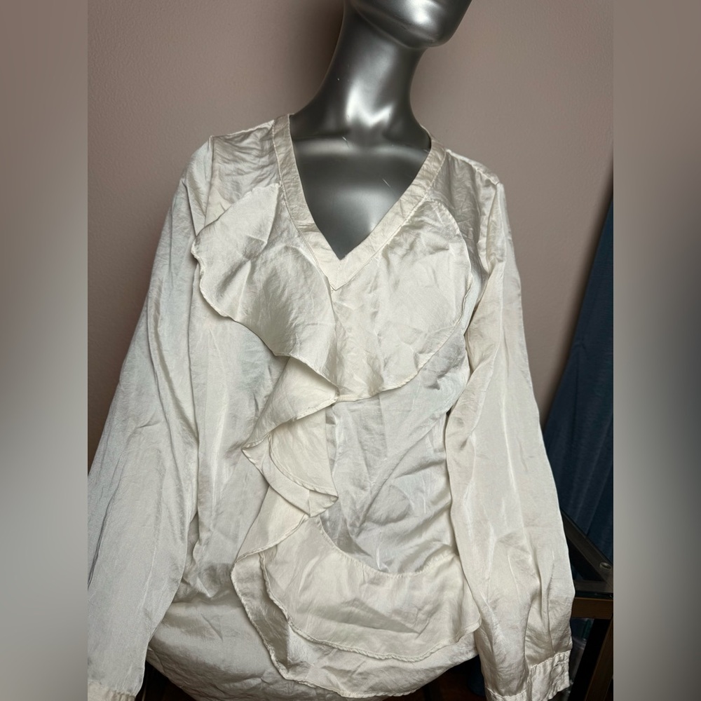 New York & Company Cream Ruffled Blouse